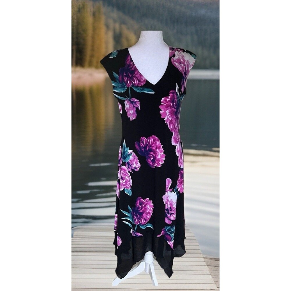 Luxology Black Fuschia Sleeveless Floral Shark Bite Women's Dress Size 10 NWT